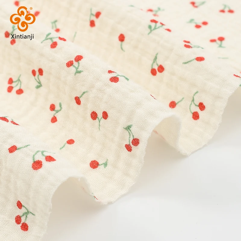 1m/2m/5m Cotton Crepe Fabric Cute Pink Cherry Print Double Layer Gauze Children Pajamas Quilt Fabric DIY Sewing Blanket Material