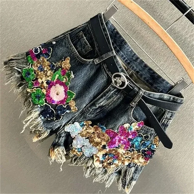 الإناث الترتر الأزهار طباعة الدنيم السراويل الشارع الشهير المرأة خمر عالية الخصر واسعة الساق جينس قصير الإناث السراويل الجديدة XT1009