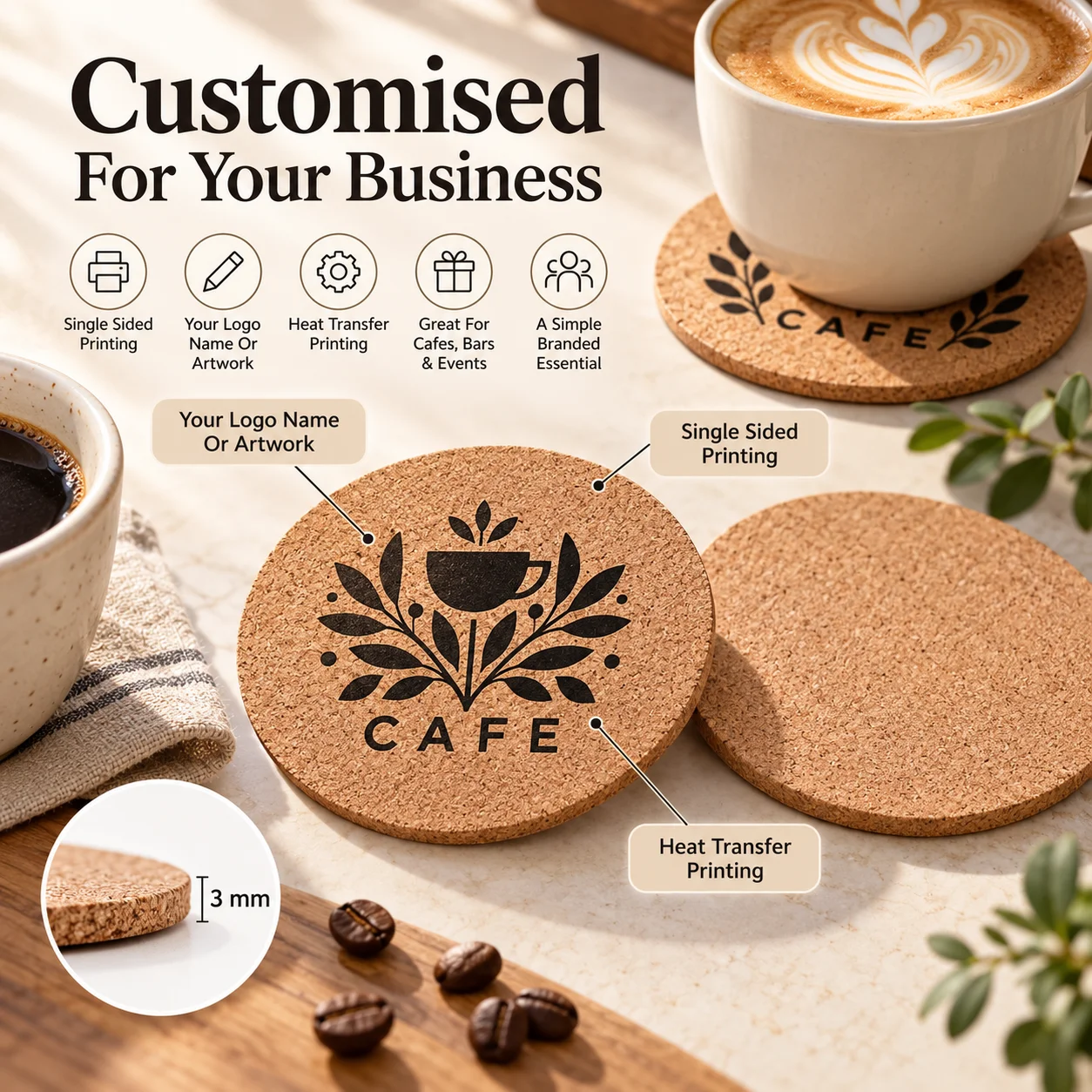 Custom Cork Coasters With Logo Single Sided Printing For Bars Pubs Cafes Restaurants Bulk Orders And Personalized Gifts