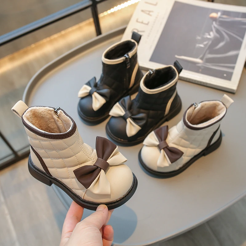 

2025 Plaid Children Outdoor Ankle Shoes Windproof Fall Winter Baby Girl Boots Soft Sole Non-slip Butterfly-knot Princess Shoes