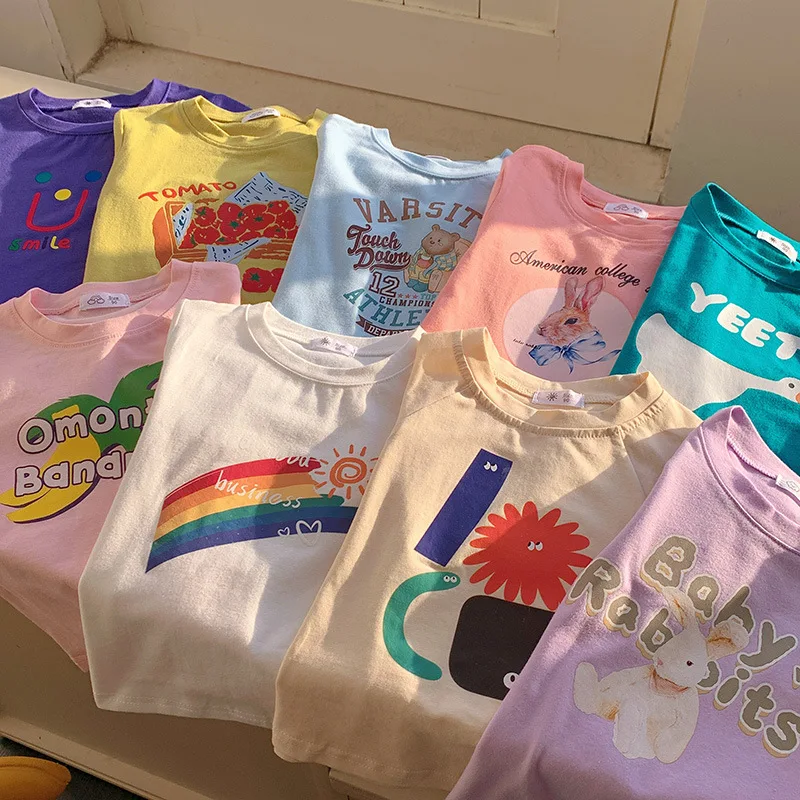 RAISE 2026 Summer Toddler Girl Tee Cotton Round Collar Rainbow Kids Baby Girl Top Letter Print Thin Little Children Girl T-shirt