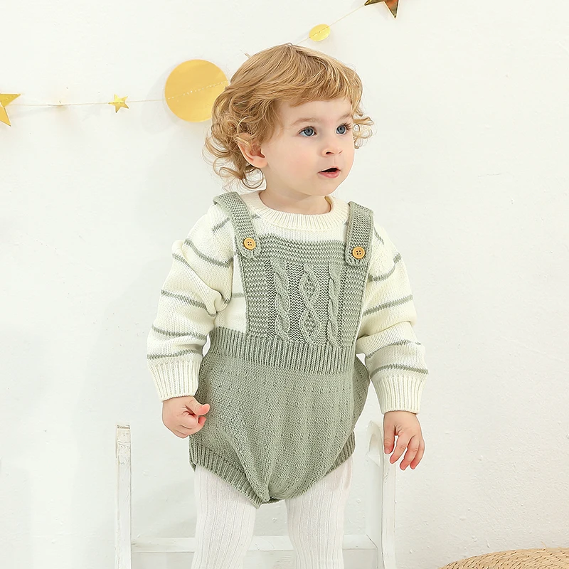 

Newborn Baby Bodysuit Knitted Toddler Kid Clothes Fashion Solid Striped 0-18M Infant Boys Girls Jumpsuit Long Sleeve Autumn Tops