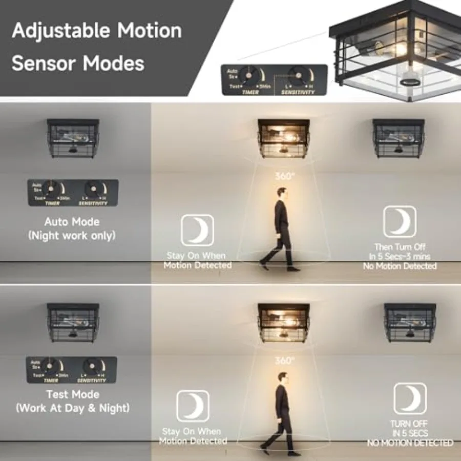 Outdoor Ceiling Light with Motion Sensor Flush Mount Farm House Porch Light Ceiling Mount Adjustable 3 Modes Squares for Patio, view 2