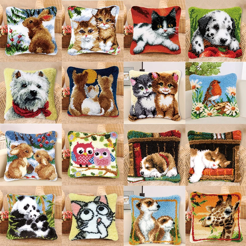 Animal Series Latch Hook Pillow Kits Dogs 3D Segment Embroidery Pillow Wool Cross Stitch Pillow Embroidery DIY Latch Hook Pillow