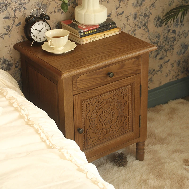

American country solid wood bedside table, retro pastoral oak bedroom carved pattern furniture