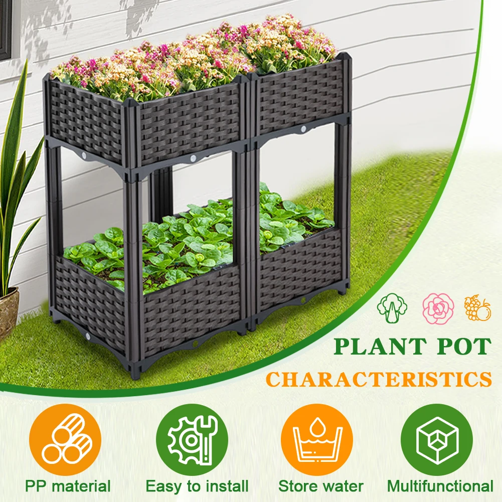 2 Tier Balcony Vegetable Pot with Water Storage Tray Thickened Planting Box Lightweight Plastic Planter Box for Home Decor