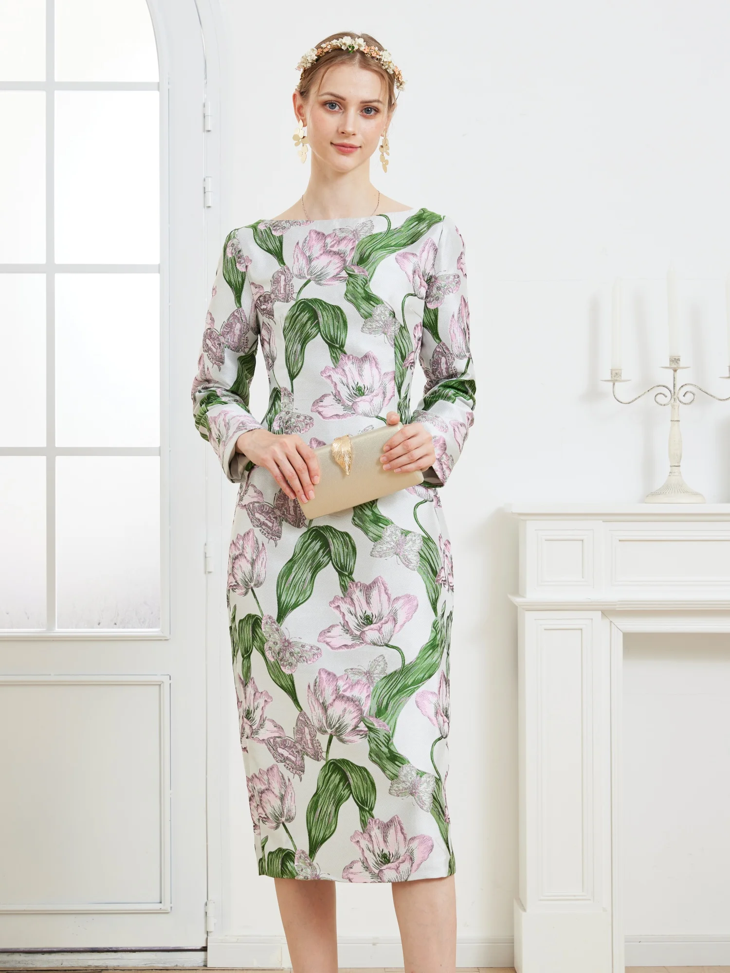 

Vintage Elegant Tulip Print Dress - Flattering Long Sleeve Office Bodycon Dress for Banquets and Formal Occasions
