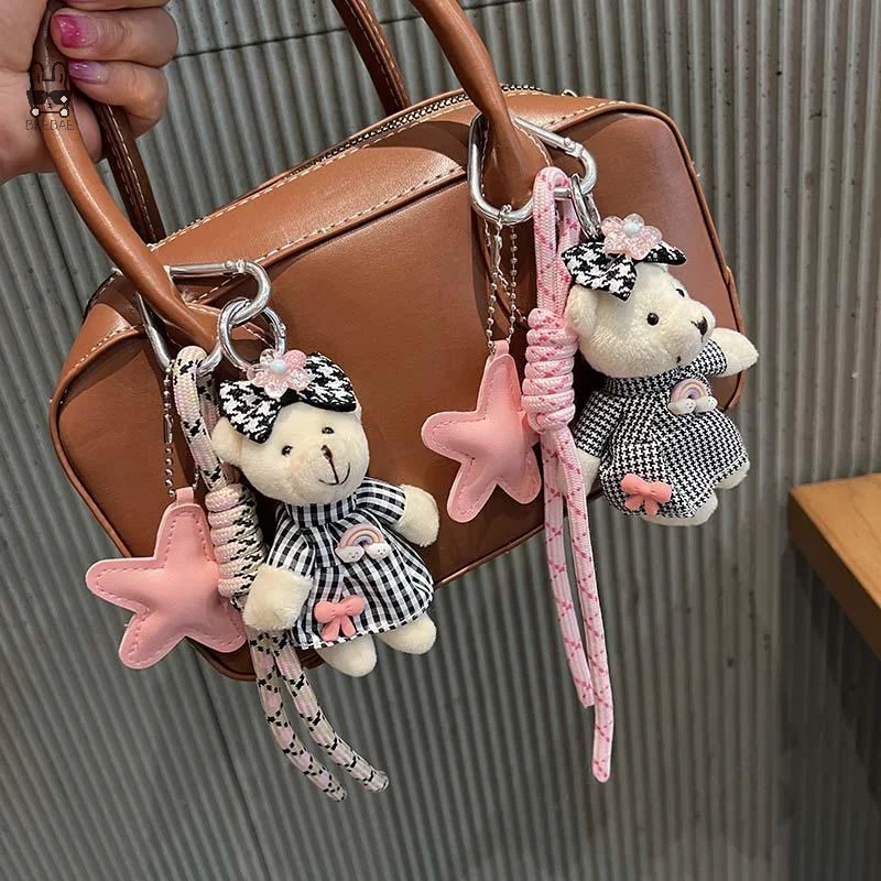 

Kawaii тканевый клетчатый брелок с медведем, мультяшная мягкая кукла, брелок для ключей, плюшевый брелок с медведем, милая сумка, подвеска, автомобильный брелок для ключей