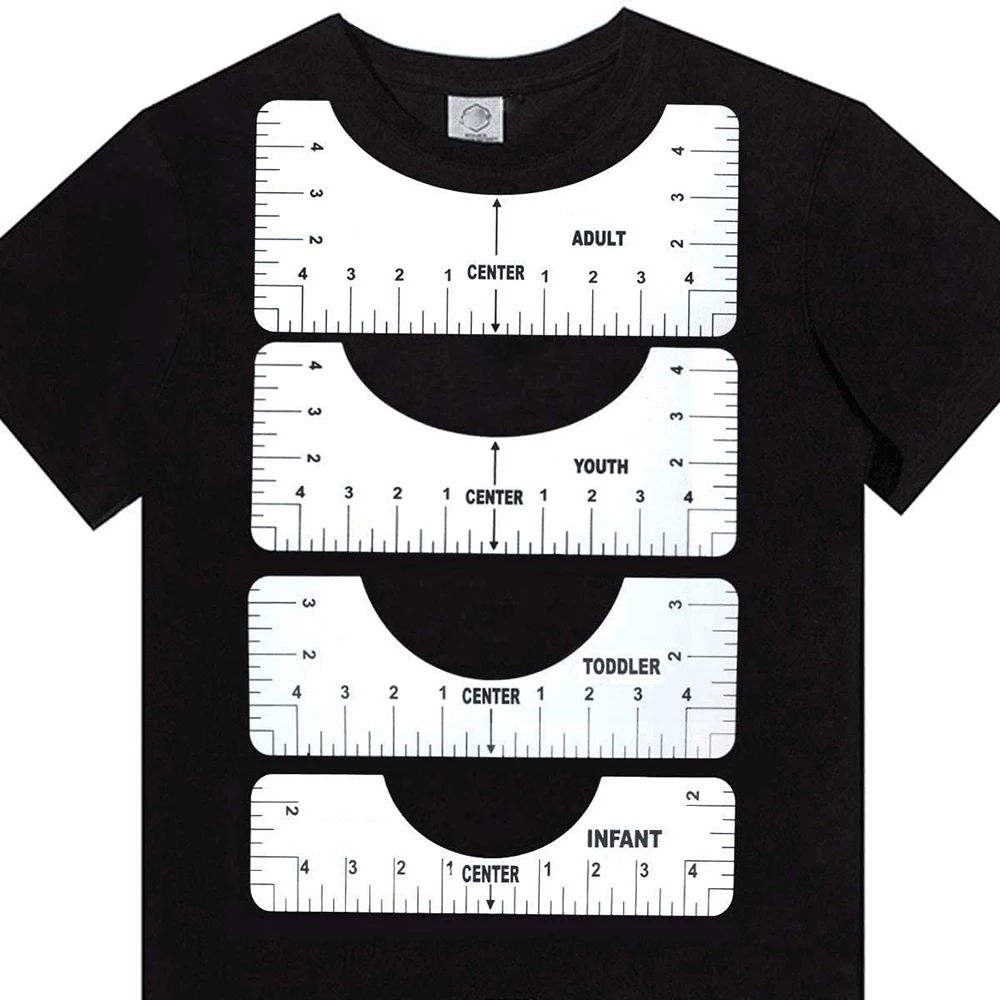 4pcs T-Shirt Ruler Guide Shirt Alignment Tool T-Shirt Alignment Ruler with Clothing Size Chart for Adult Youth Toddler Infant