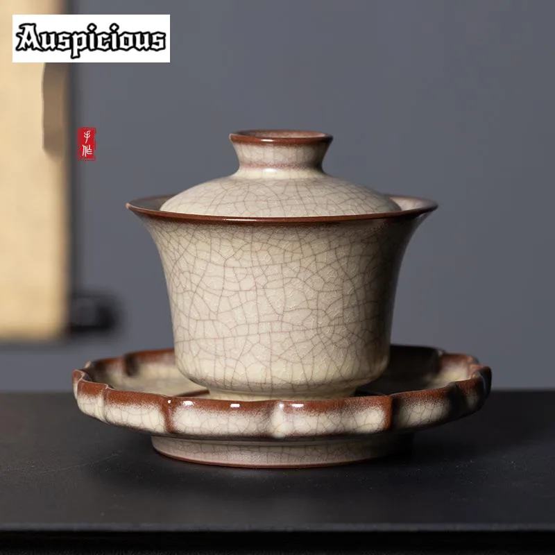 135ml Handmade Ge Kiln Porcelain Gaiwan Longquan Celadon Lily Tea Tureen Tea Brewing Cover Bowl Ice Cracked Tea Items Collection