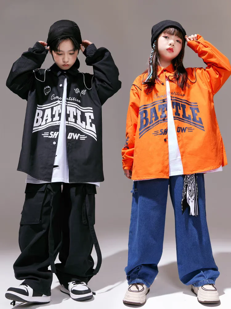 Hip hop meninas legal camisa solta jeans meninos jazz jaqueta calças de carga crianças streetwear trajes crianças conjuntos roupas dança rua