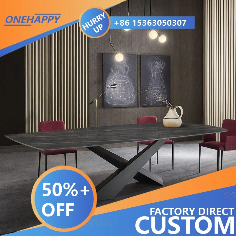 Any Size Custom Minimalist Modern Natural Slate Dining Table X Shape Cross Design Metal Base High Quality House Dining Furniture