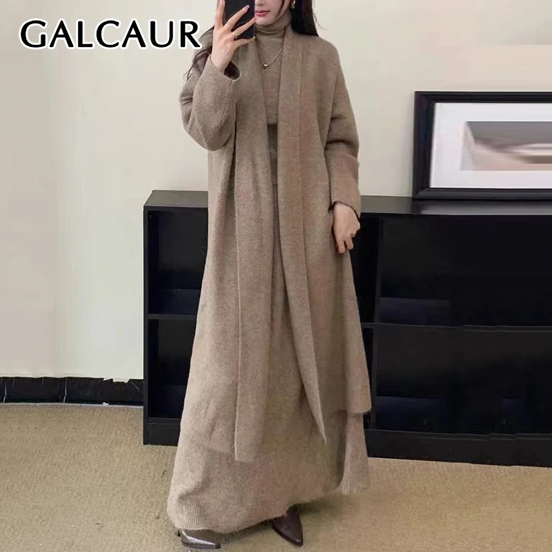 GALCAUR Knit 3 Piece Set For Women Long Cardigan Coat Turtleneck Sleeveless Vest High Waist Pleated Skirt Elegant Outfits Female