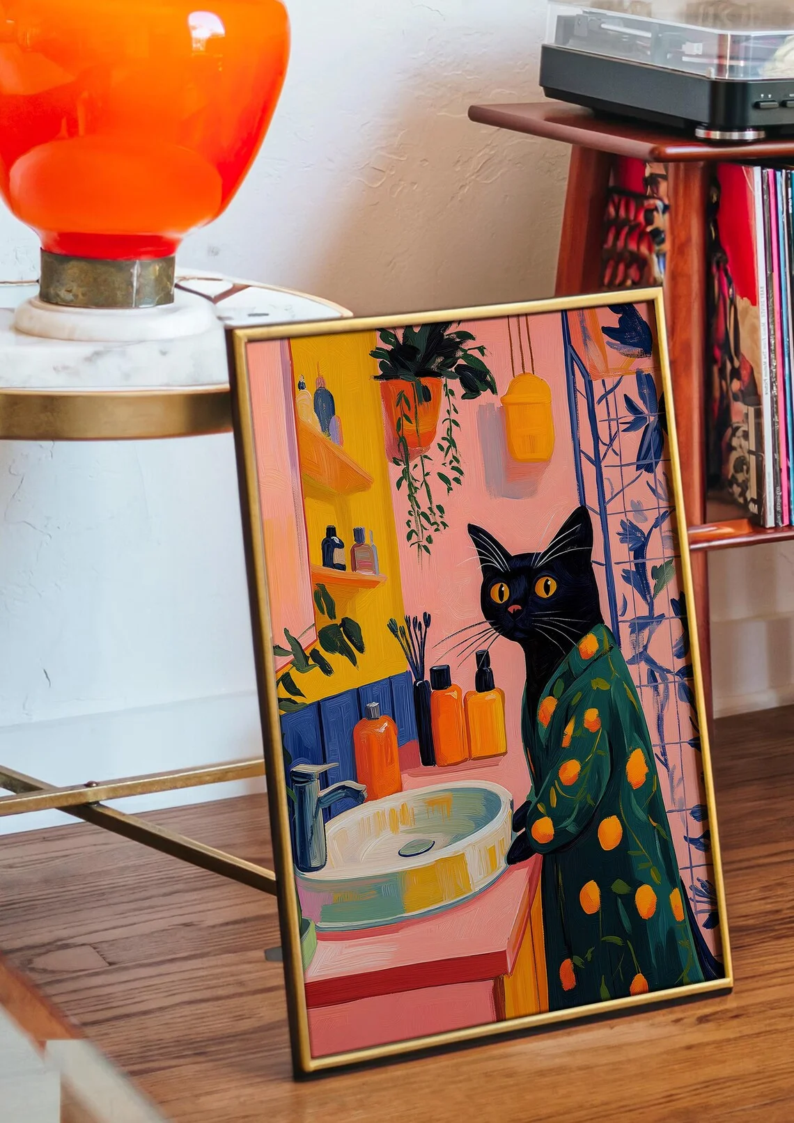 “Vibrant Whimsical Art Print: Black Cat in Citrus Robe at Colorful Bathroom Vanity – Playful Retro-Style Wall Decor for Quirky H