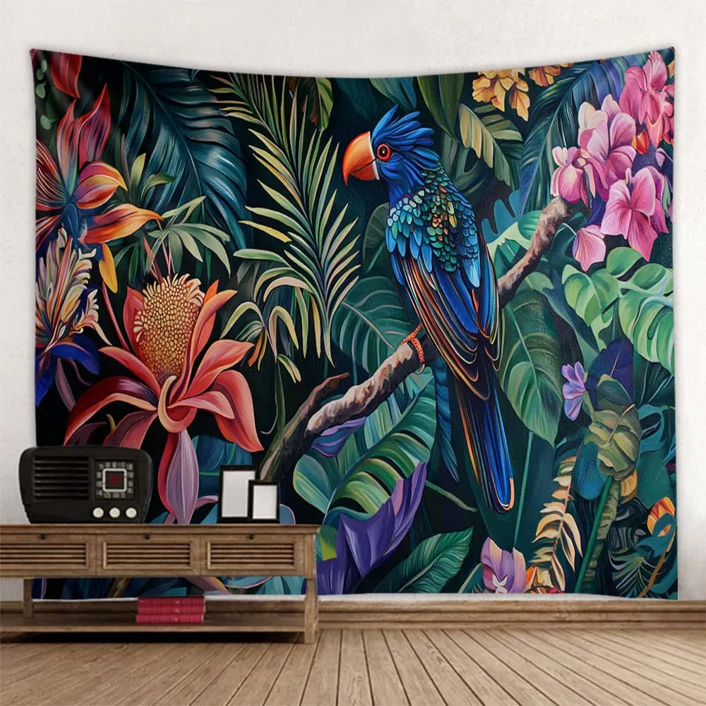 Bohemian Hippie Tropical Plant Psychedelic Flower & Bird Oil Painting Tapestry Table Mat Home Decoration Fabric Mural
