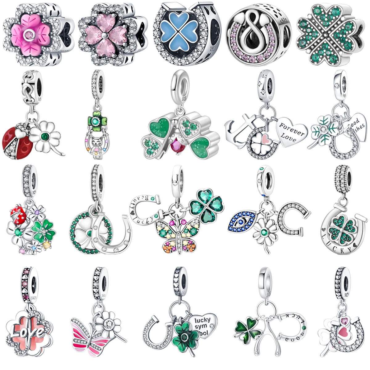 

Original 925 Charms Sterling Silver Clover Horseshoe Ladybug Heart Beaded Pendant for Pandora DIY Bracelet Ladies Jewelry Giftt