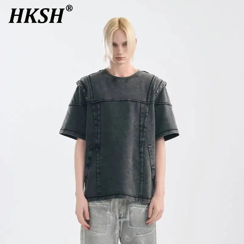 

HKSH Summer Spring Niche Design Ragged Edge Cotton Retro T-shirts Men's Deconstructed Punk Splice High Street Rivet Tees HK1251