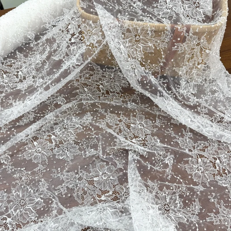 3D Beaded Transparent Sequin Lace Fabric Premium Craft Accessory for High End Custom Wedding Dress and Formal Gown Design