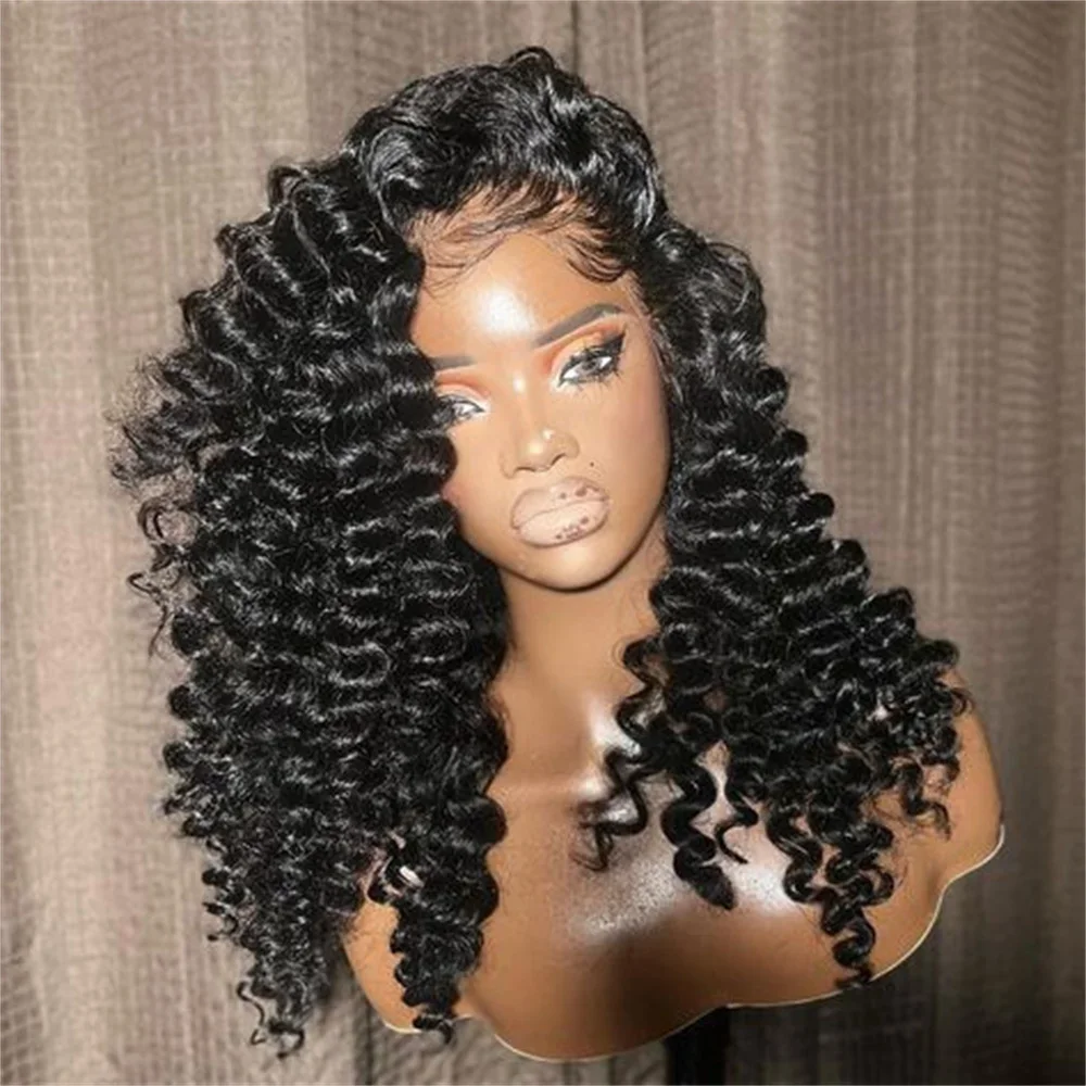 

26Inch 180 Density Black Deep Wave Curly Lace Front Wigs For Women With Baby Hair Synthetic Fiber Deep Part Daily Wear Wigs