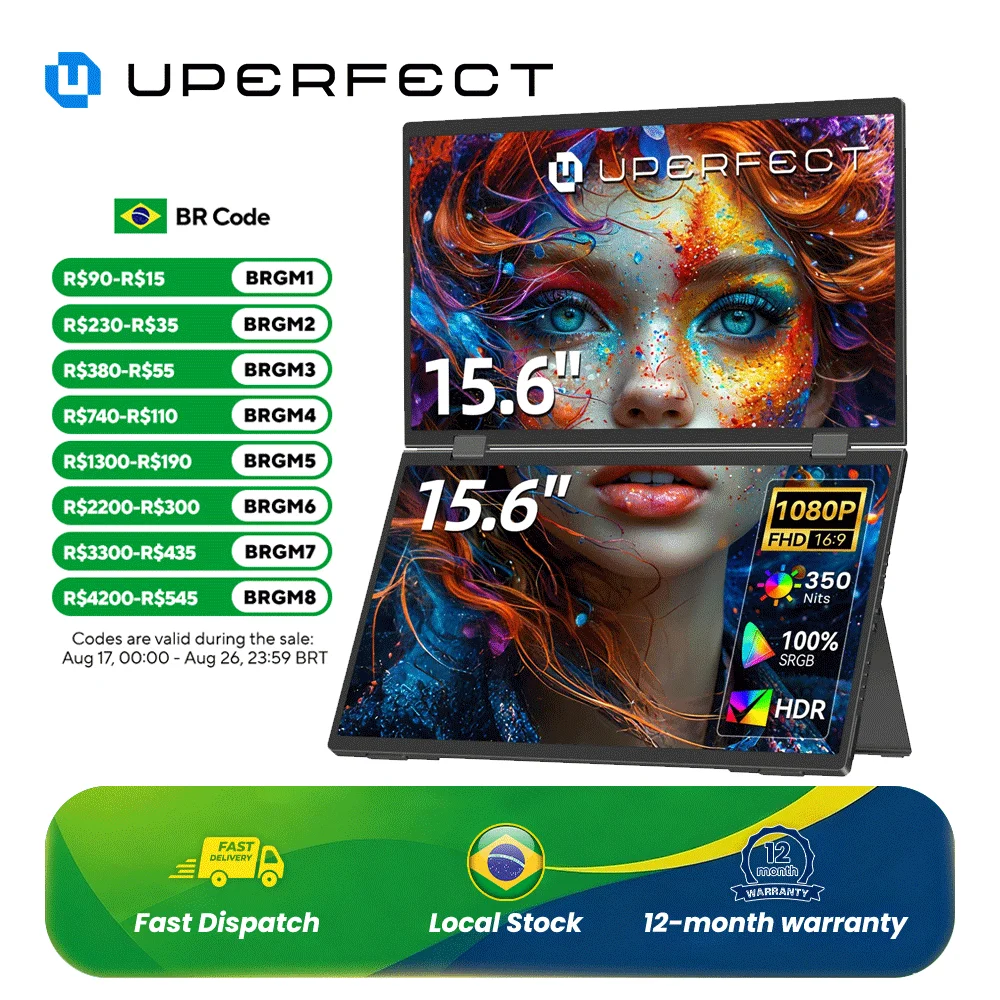 UPERFECT Monitor portátil duplo 15,6" 1080P FHD IPS dobrável empilhado triplo laptop tela extensor jogos USB-C plug & play viagem computador estendido exibição para laptop PC Windows Mac com suporte de ajuste
