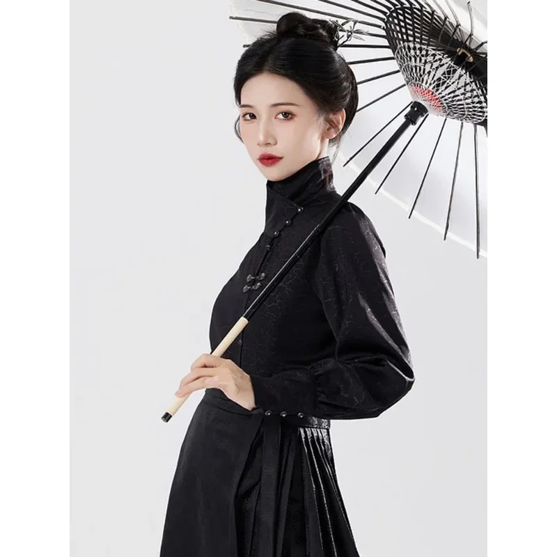 Chinese Style Black Stand Collar Jacquard Long Sleeve Hanfu Top Women's Clothing 2024 Spring Autumn Vintage Chic Shirt Plus Size