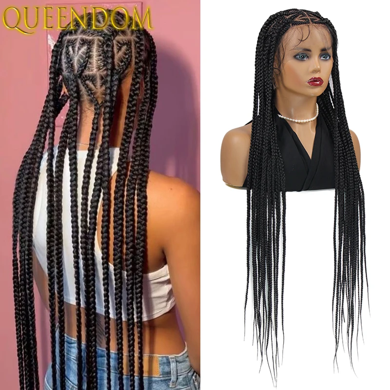 Queendom Synthetic Heart Shape Braided Wig 36 Inch Full Lace Jumbo Box Braid Goddess Wig Knotless Long Cornrow Plait Braids Wig