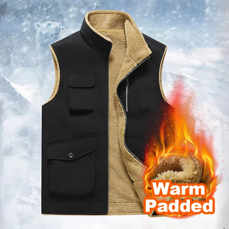 New Winter Vests Men Stand Collar Windproof Padded Vests Solid Warm Casual Sleeveless Waistcoat Thicken Parkas Plus Size