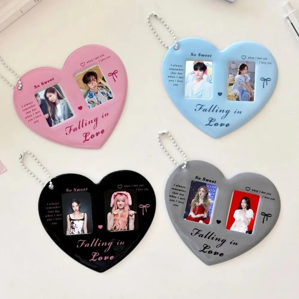 

Mini Love Heart Shaped Photocard Holder 1inch Double Grid Couple Card Holder with Keychain Photo Card Protective Sleeve