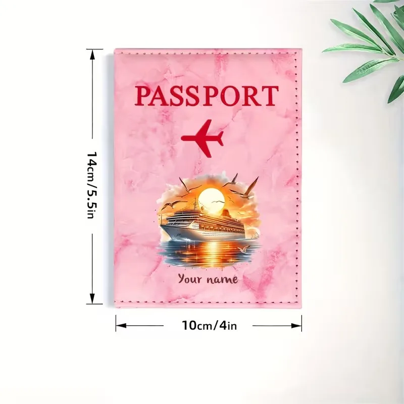 Custom Name Sunset Cruise Ship And Seagull Illustration PU Passport Holder, Golden Airplane Icon, with Card Slot Travel Wallet