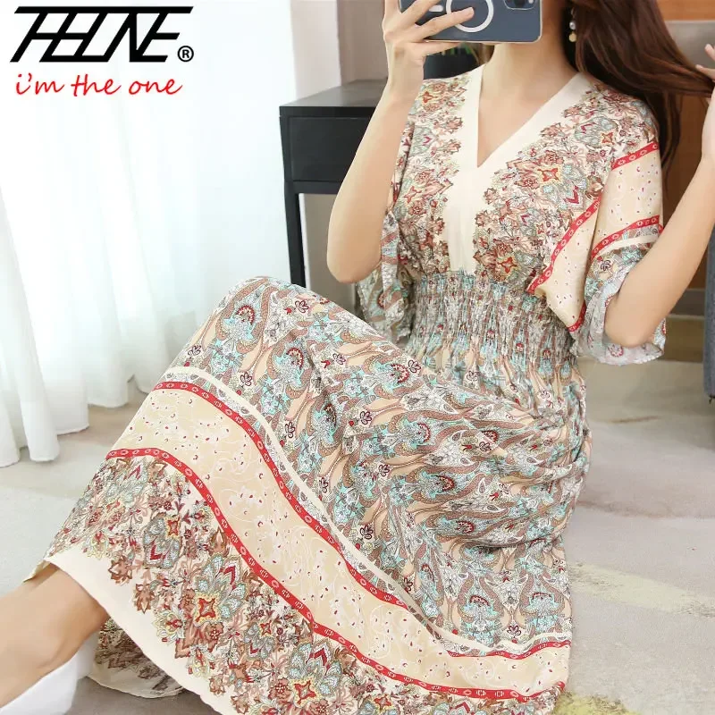 Long Women\'s Dress Boho Ethnic Bohemian Beach Cotton Blend Artificial Floral Short Sleeve V-neck Vintage Vacation Vestidos Robe