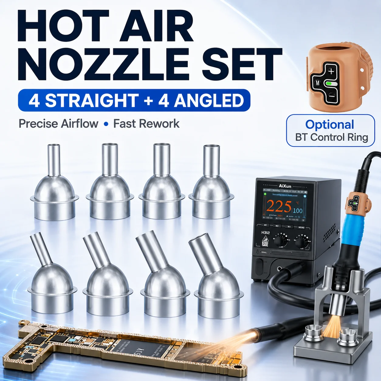 AIXUN H310D H312 Hot Air Gun Station 45° Oblique Nozzle Bluetooth Control Handle Ring Professional Soldering Repair Accessories