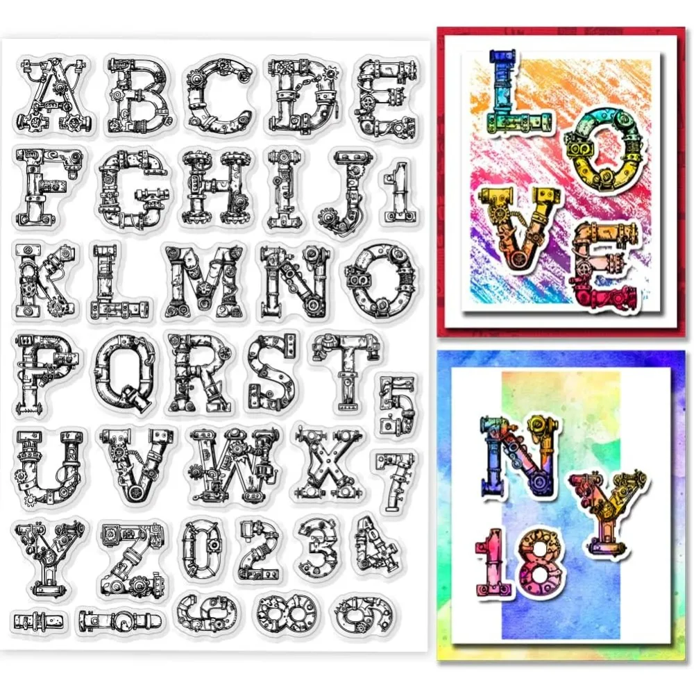 Retro Alphabet Number Clear Stamp for Card Making Gear Alphabet Silicone Clear Stamp 21x14.8cm Steampunk Number Transparent Seal