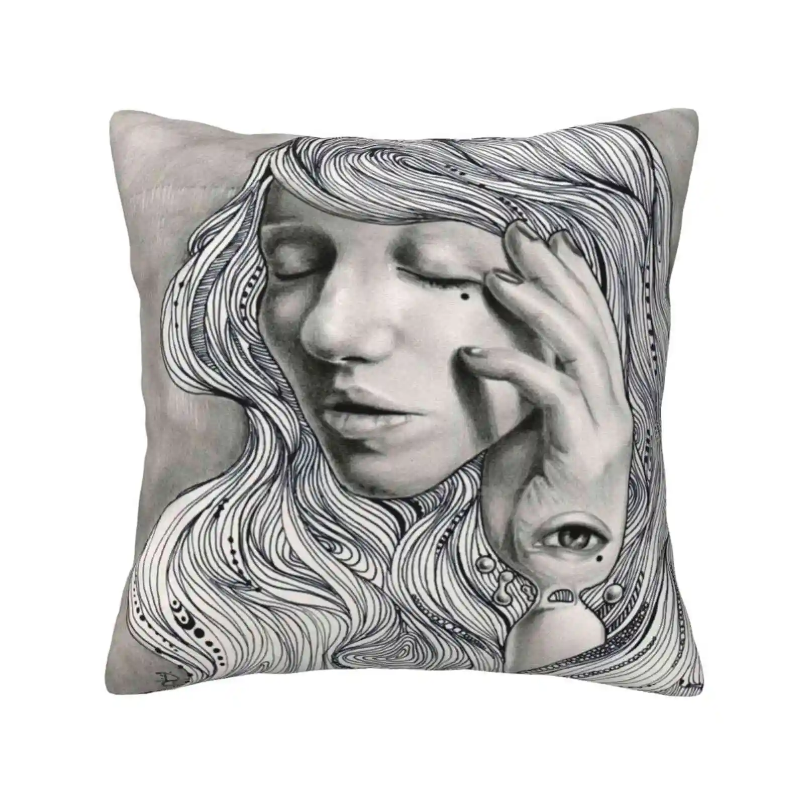 Sorrow Throw Cushion Pillow Cover Ink Pencil Mythology Greek Myth Magical Sad Female Woman Eye Surreal Fantasy