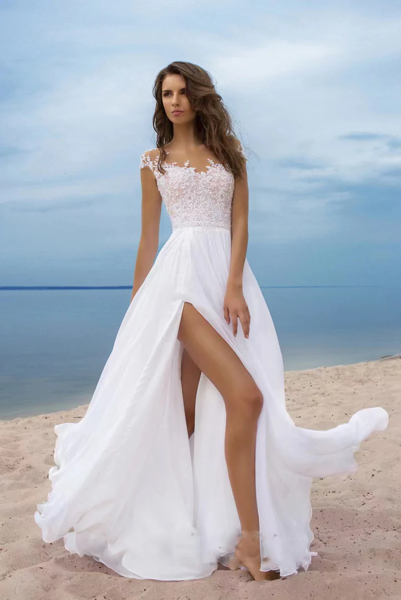 

Summer Fashion Elegant Sleeveless Sexy Split Chiffon Lace Large Swing Beach Dress Lady Party Ball Gown White Wedding Dresses