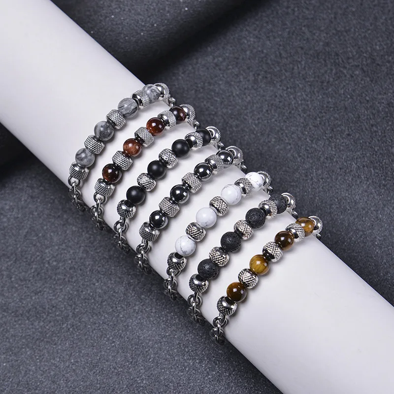 Men Natural Stone Bracelet Stainless Steel Adjustable Chain Link Bracelet Natural Tiger Eyes Lava Rock Stone Bracelet Gifts