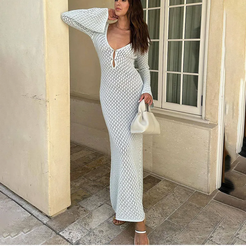 Sexy Long Crochet  Knitted Deep V-Neck Hollow-Out Knit Beach Dress for Women 2024 Cover Up Beach Dresses Woman