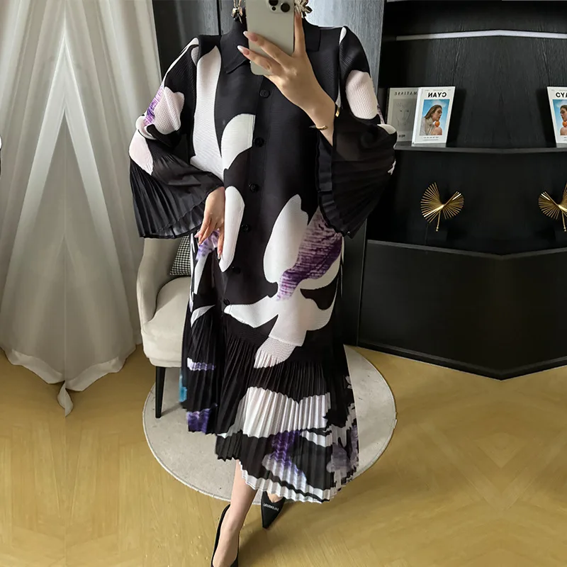 Miyake Pleated Breasted Cardigan 2024 Spring New Women\'s Printed Lapel and Flower Bud Sleeves Summer Women\'s Mid Length Dress