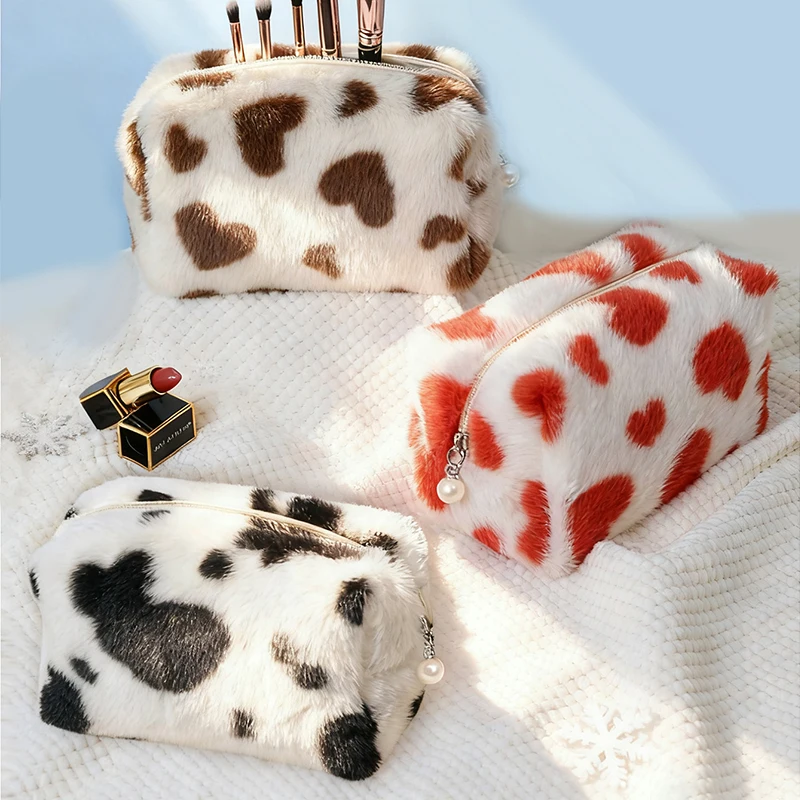Soft Plush Handheld Cosmetic Bag Small Portable Comfortable Adorable Cow Print