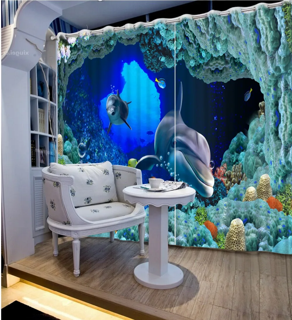 

Curtains 3D Custom Curtains Seabed Coral Dolphin Fish Fashion Home Decor Photo Print Curtains Curtains For Living Room Modern