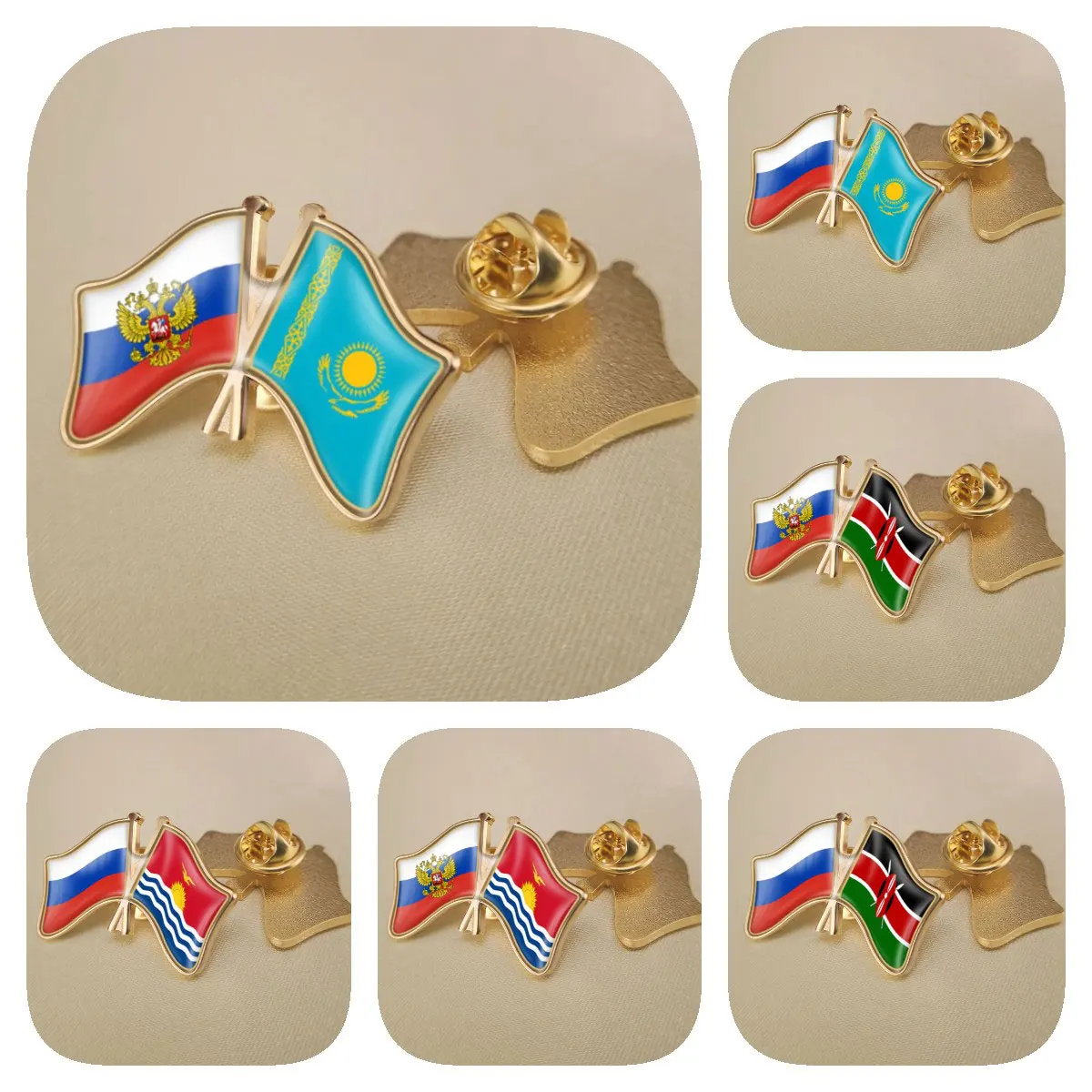 Russian Federation and Kazakhstan Kenya Kiribati Double Crossed Friendship Flags Brooches Lapel Pins Badges