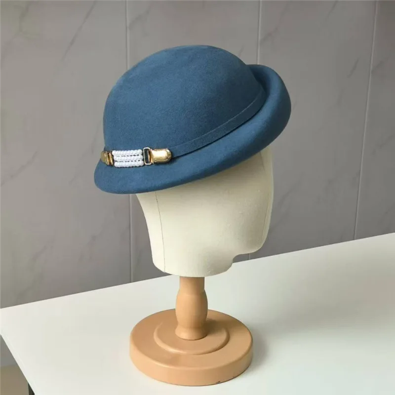 مصمم فاخر فيدوراس قبعة أنيقة الصوف الخالص الوردي العاج الأزرق قبعة الرسام كوكتيل حفلة قبعة تدفئة الصوف السميك الشتاء فيدوراس #2