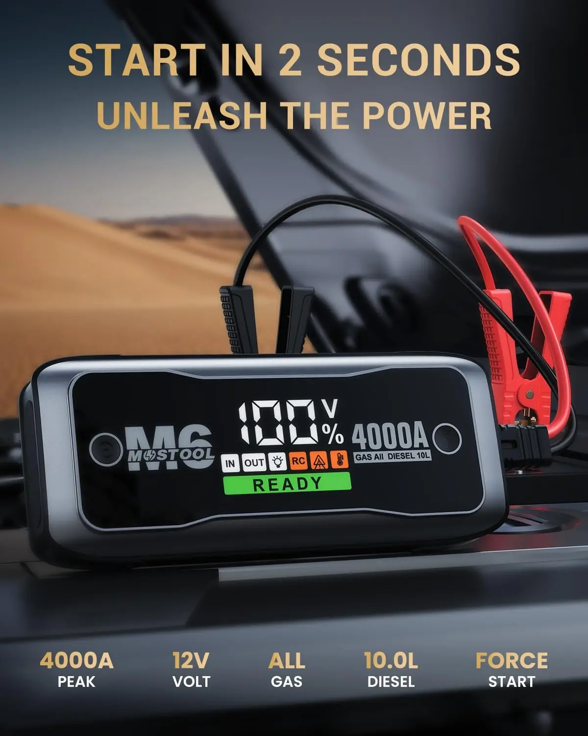 M6 4000A Jump Starter مع شاشة HD، حزمة تعزيز محمولة 12 فولت، شحن سريع USB-C، مشابك LED – للغاز والديزل ما يصل إلى 10 لتر