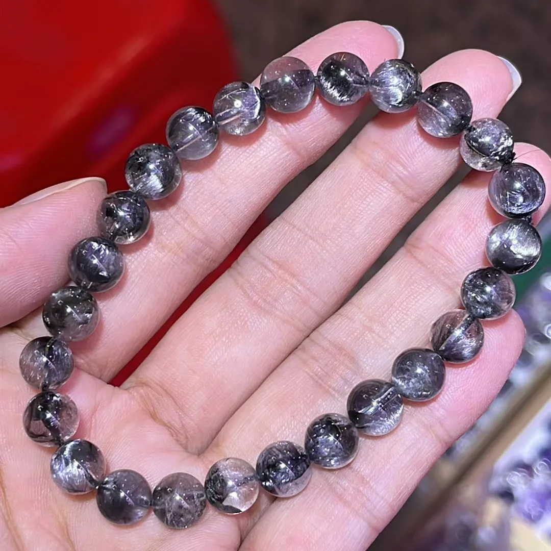 

Natural Brookite Platinum Black Rutilated Quartz Bracelet 7.6mm Woman Man Gift Round Beads Brookite Crystal Jewelry AAAAAA