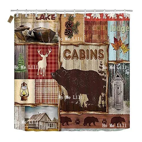 Cabin Shower Curtain Set Red Buffalo Plaid Bear Deer Elk Moose Cabins