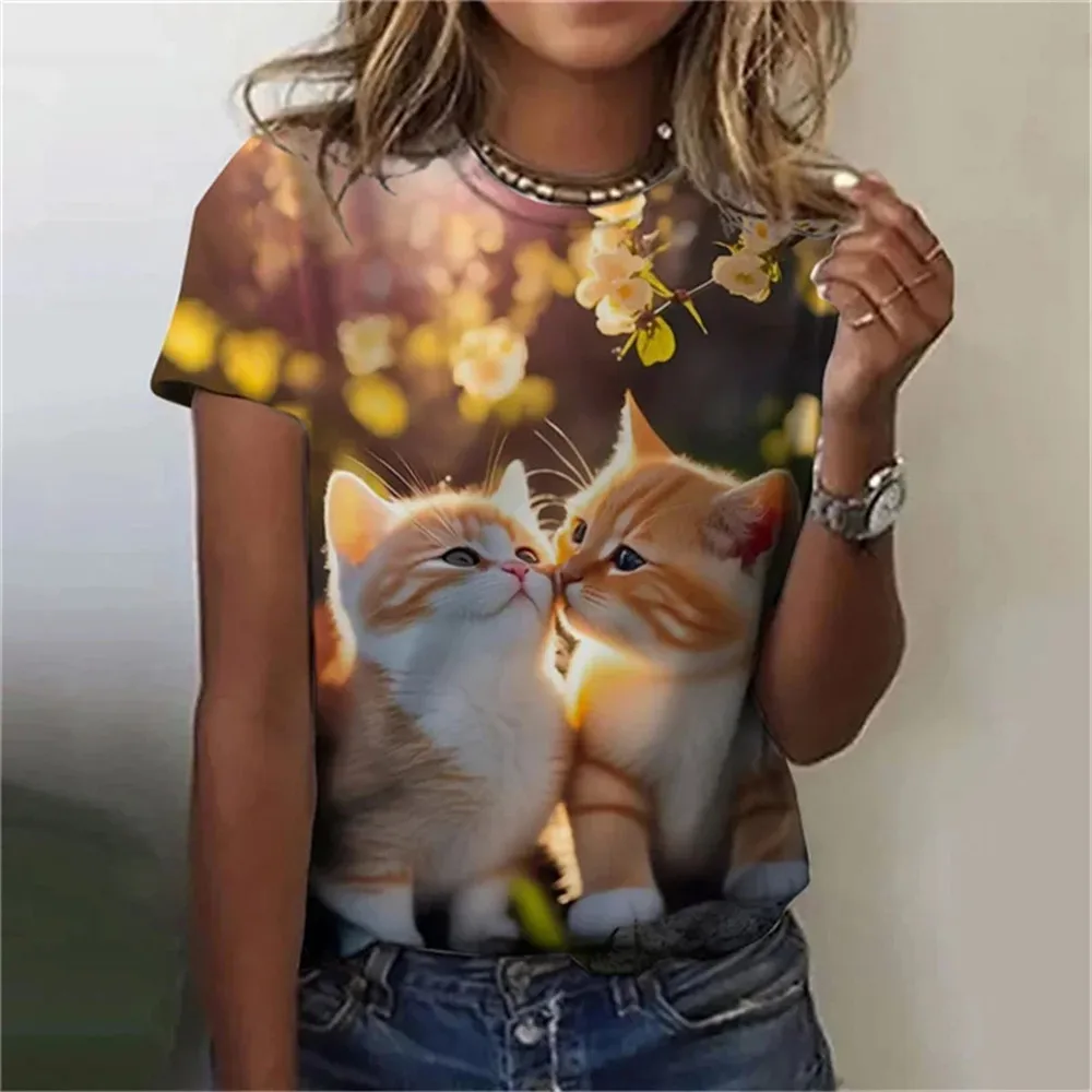 Summer Girl Cartoon Cat 3D Print Clothing Short Sleeved Clothes Children O-Neck Tee Tops Gifts for Childs from 2 To12 Years Old