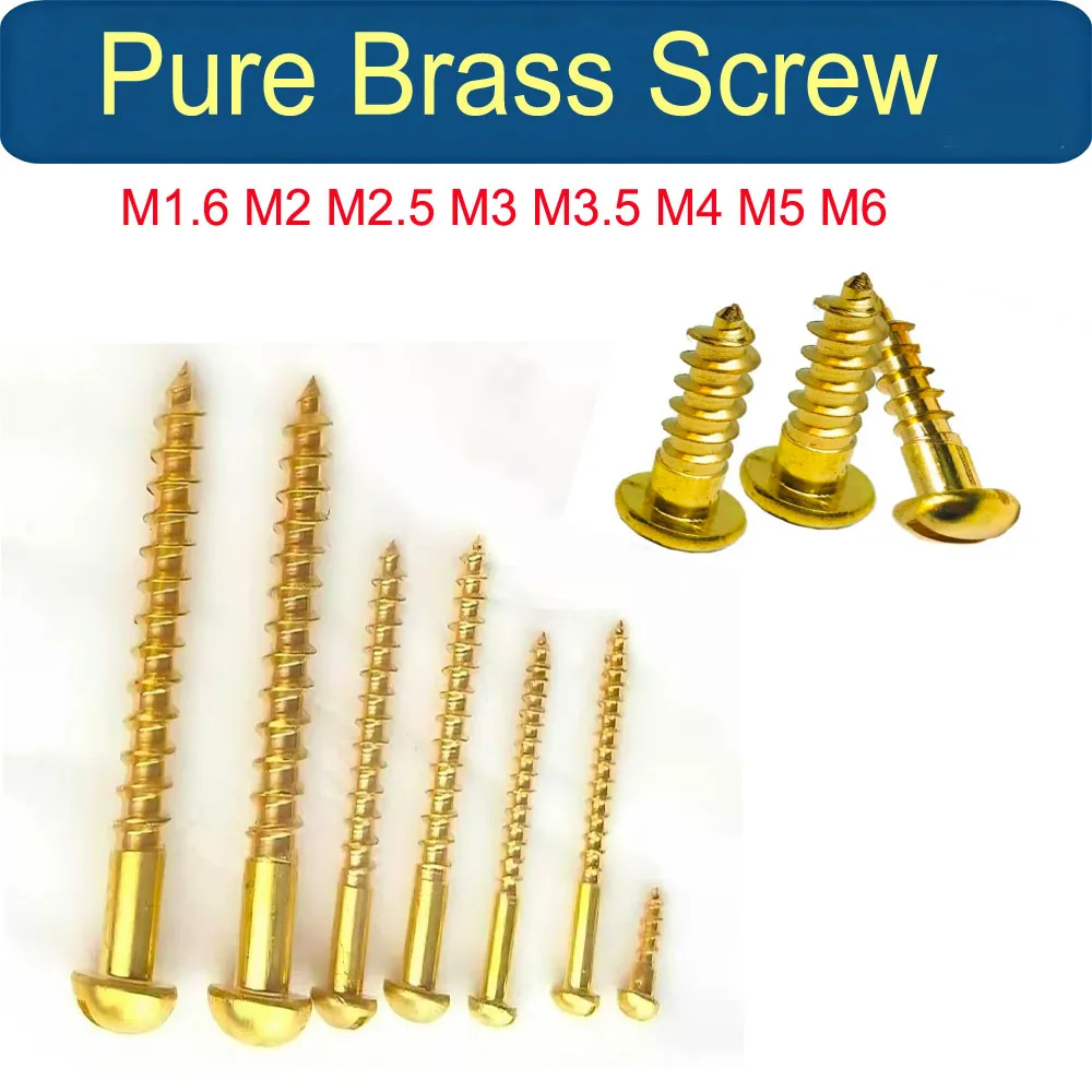 20/50/100pcs Brass Slotted Pan Head Screw Pure Brass Self Tapping Round Head Wood Screws M1.6 M2 M2.5 M3 M3.5 M4 M5 M6