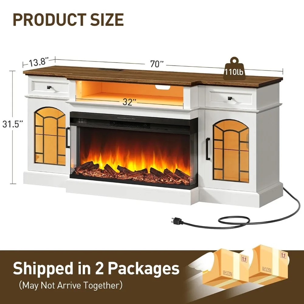 70'' Fireplace TV Stand with Charging Station for TVs Up to 80
