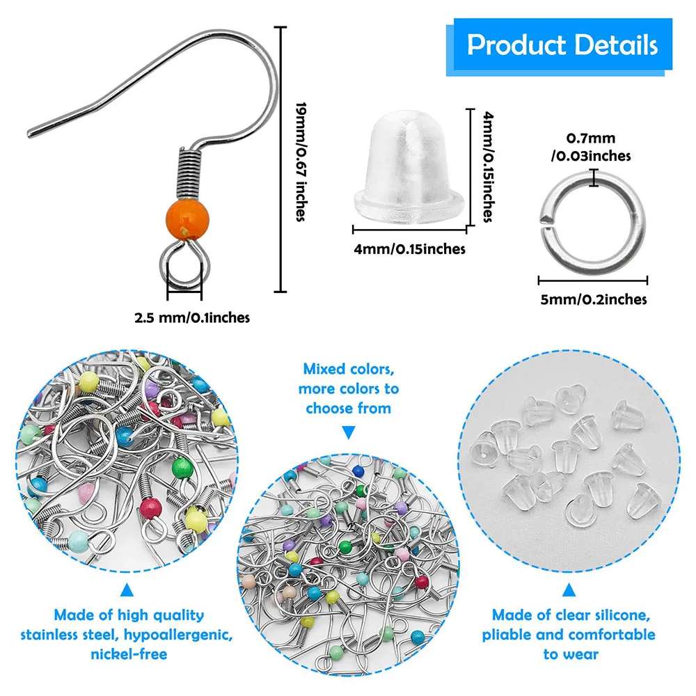 300pcs Earring Hooks for Jewelry Making Stainless Steel Ear Wires Hypoallergenic Fish Hooks Colorful French Earring Hook
