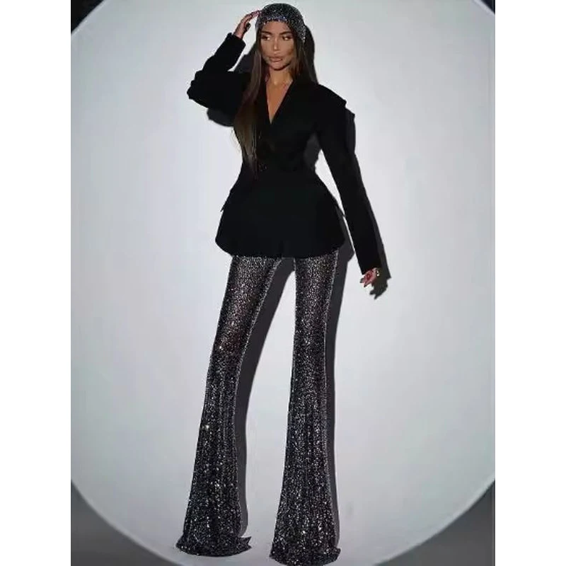 MSMUSI 2024 New Fashion Women Sexy Two Piece Set Bodycon Party Long Sleeve Blazer Top Diamond Crystal Lace Long Pant Set Suit