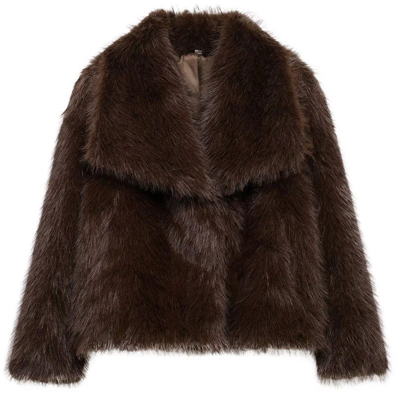 HXAO Brown Faux Fur Coat Autumn Winter 2025 Furry Cropped Long Sleeve Outerwears Artificial Fur Coat Fashion Warm Plush Jackets